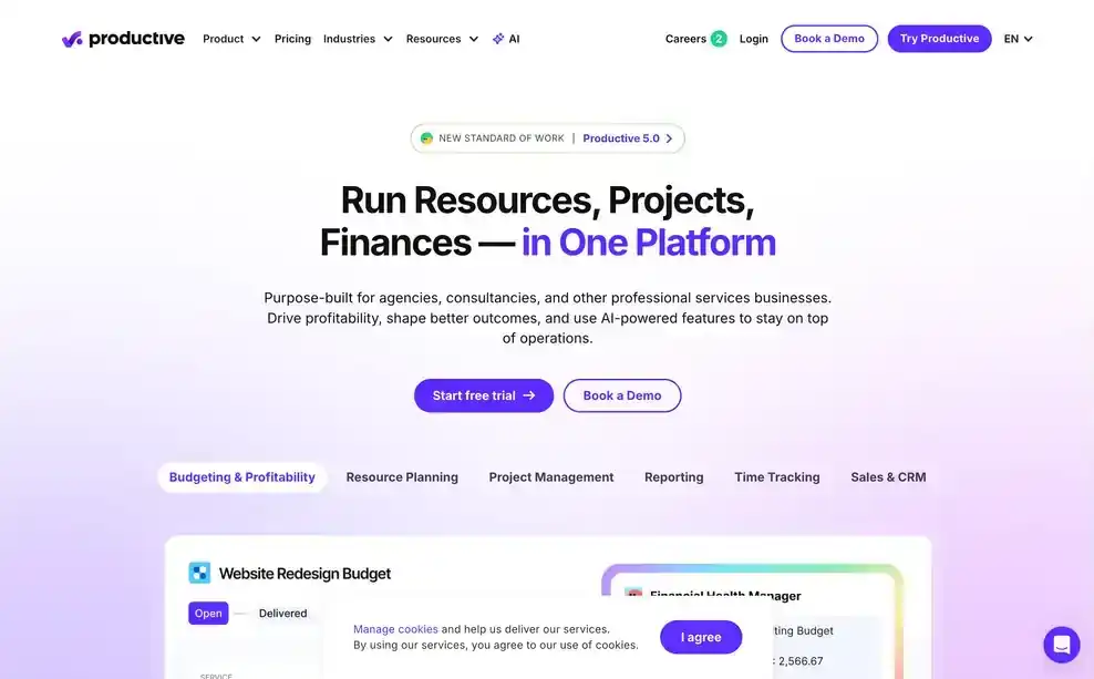 Productive interface showing time tracking connected to project budgets