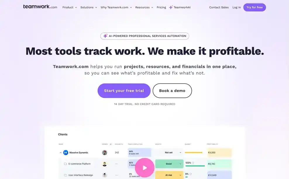 Teamwork interface showing built-in time tracking