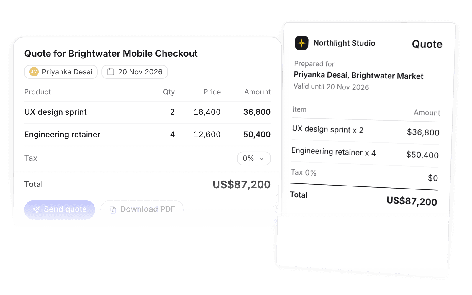 Quote builder with line items and margin