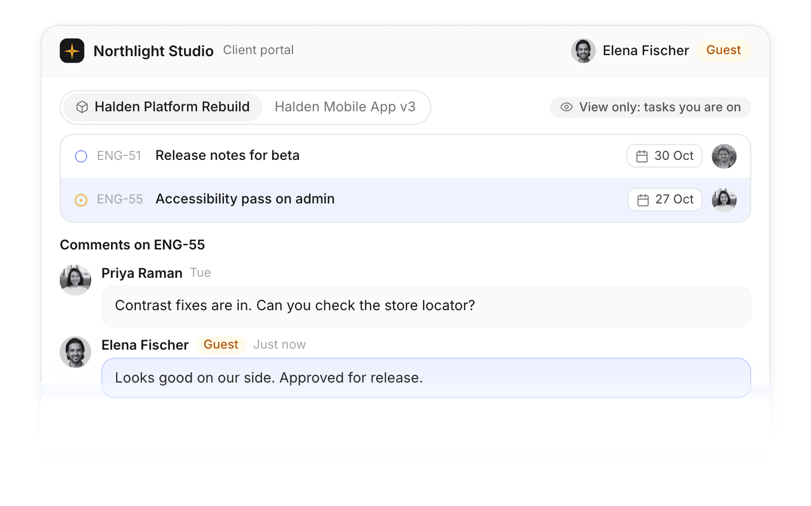 Client portal showing a guest's projects and tasks