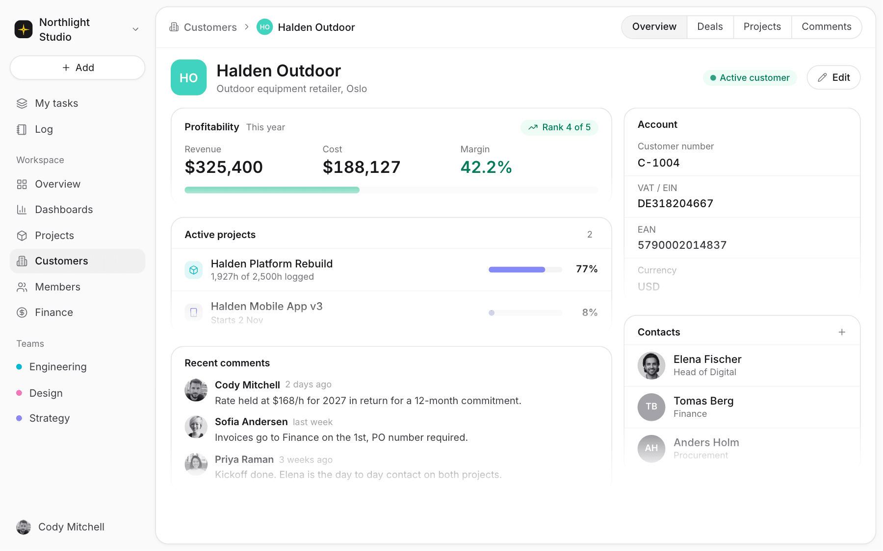 Customer account with projects and margin