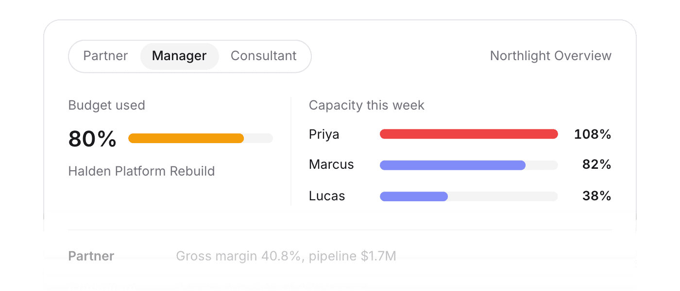 Dashboards tailored to partner, manager, and consultant