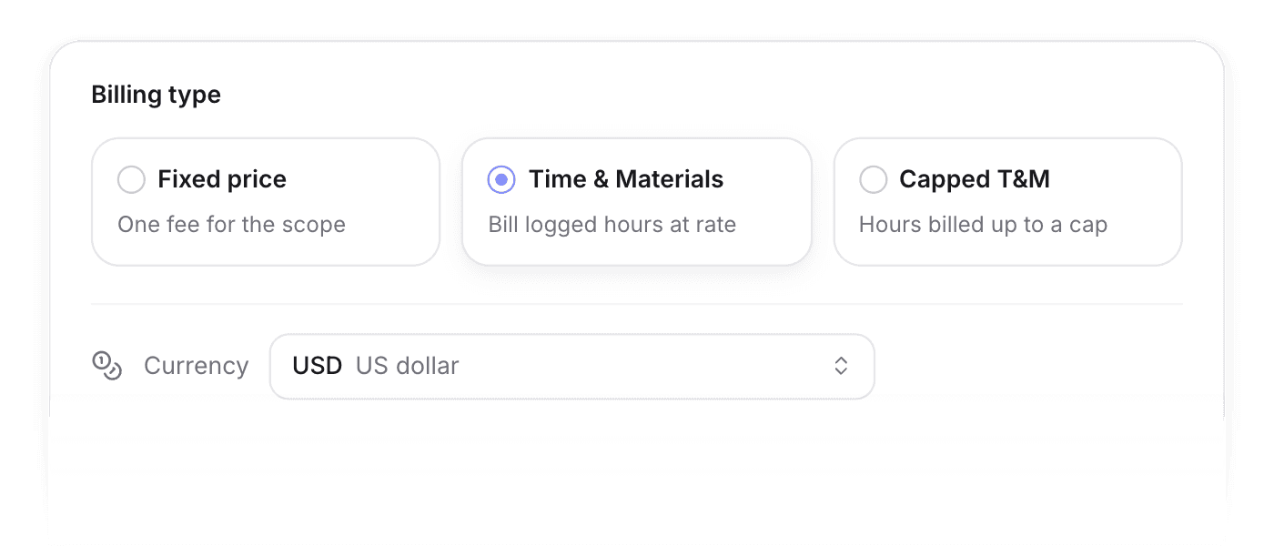 Project billing type and currency