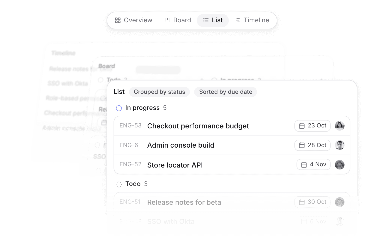 Sort by, view, and group by menus for a project