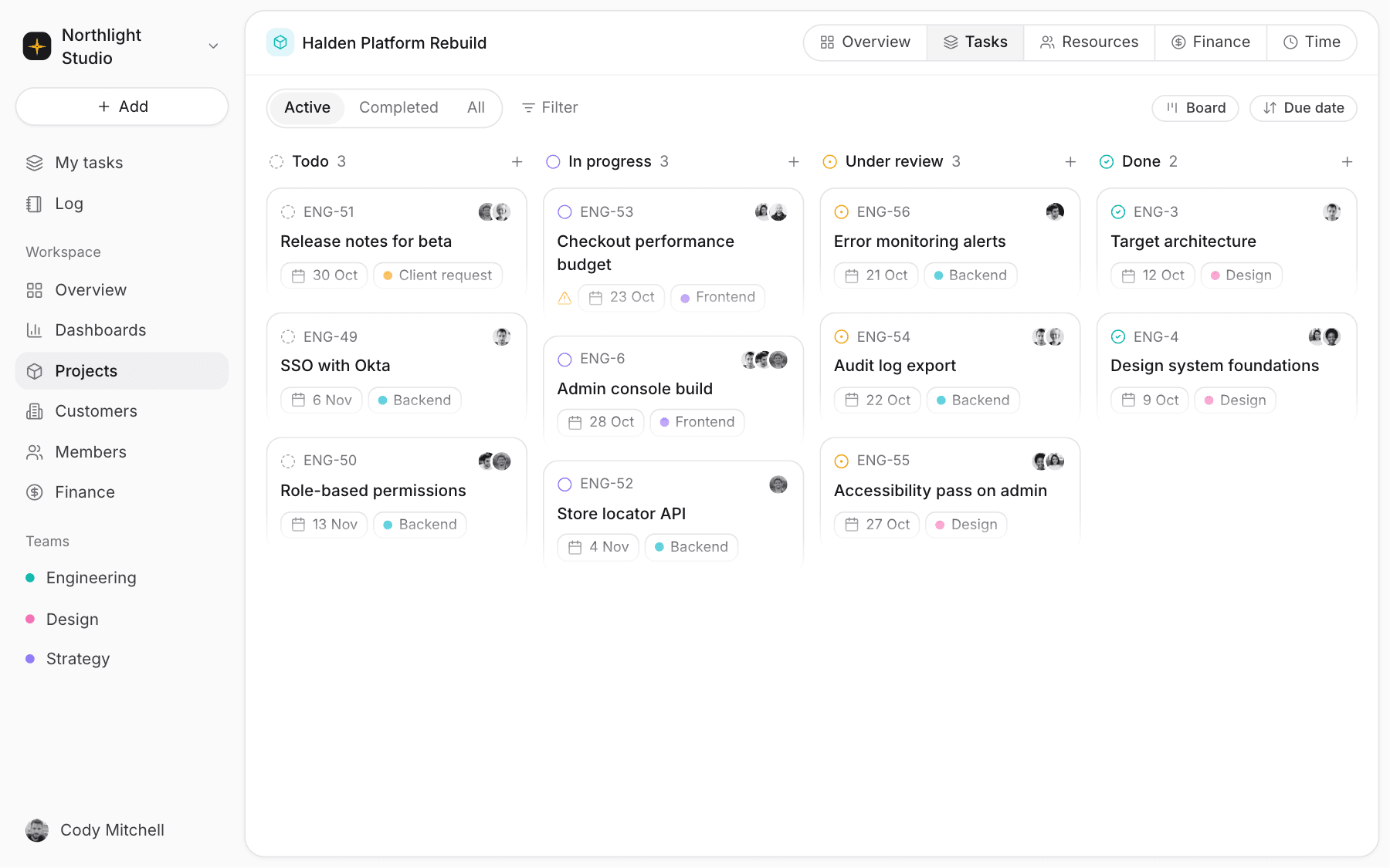 Project board with tasks in Todo, In progress and Under review, each with assignees, due dates and labels