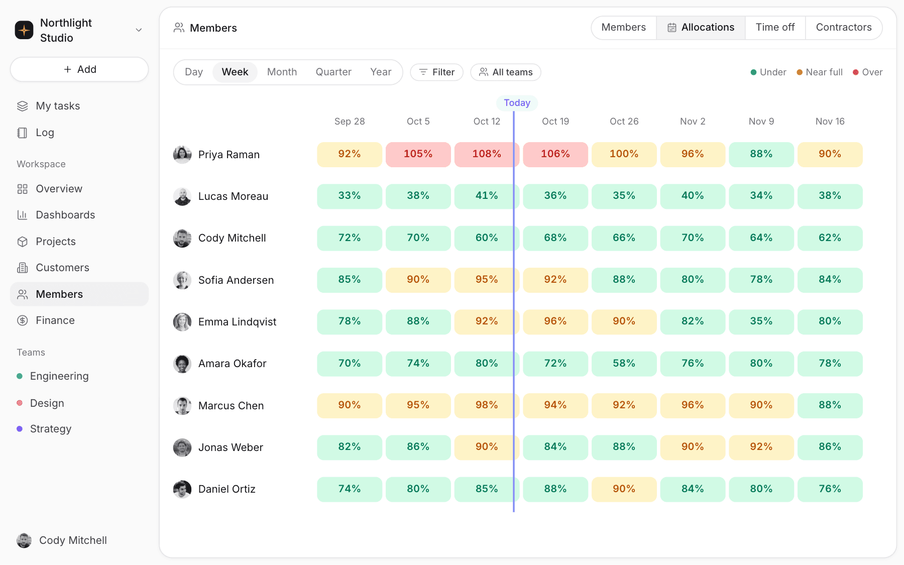 Resource allocation timeline by week, showing booked hours and utilization per person