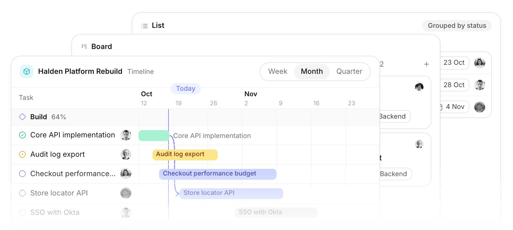 Project management views showing board, list and timeline layouts for task organization in light mode